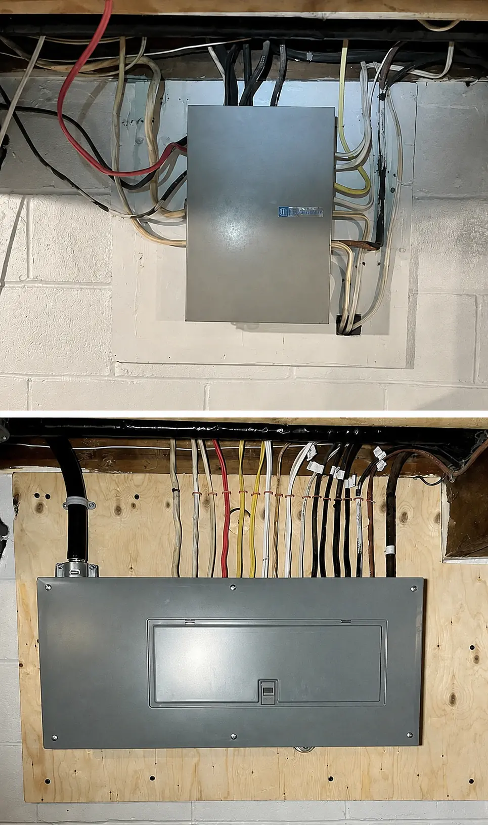 Complete before and after electrical panel upgrade collage completed by 95 Electric