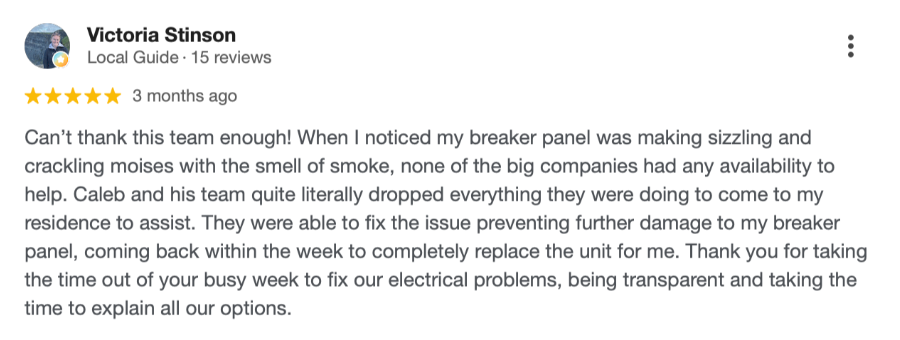 Five star Google review by Victoria Stinson praising the team for responding quickly to an urgent electrical panel problem